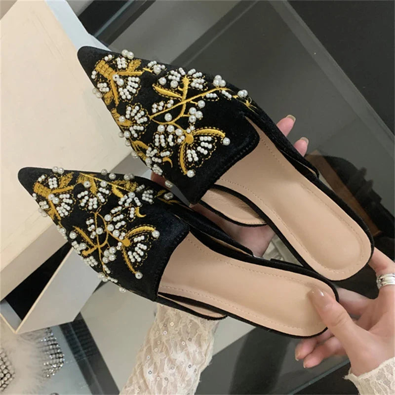 Spring String Bead Embroidery Pointed Toe Slippers Low Heel