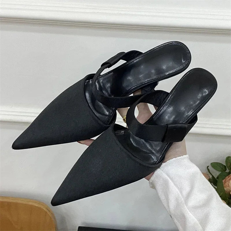 Spring Satin Hollow Slippers Pointed Toe Thin Low Heel