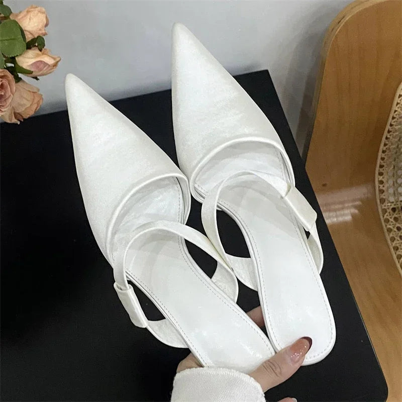 Spring Satin Hollow Slippers Pointed Toe Thin Low Heel