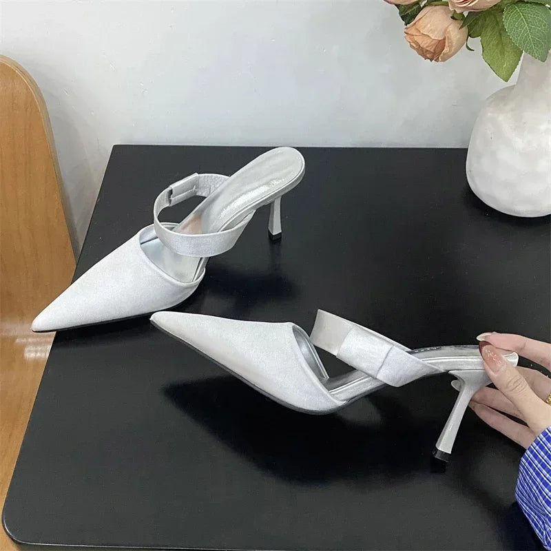 Spring Satin Hollow Slippers Pointed Toe Thin Low Heel