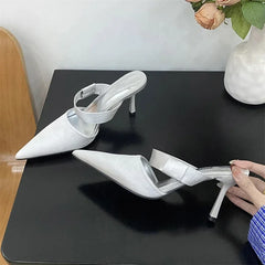 Spring Satin Hollow Slippers Pointed Toe Thin Low Heel