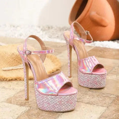 Street Style Bling Sequin Buckle Strap Platform Sandals Ultra Stiletto High Heel