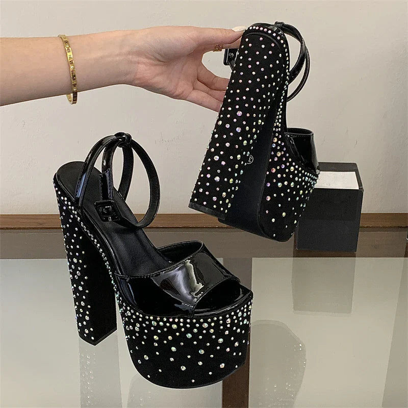 Street Style Crystal Diamond Open Toe Buckle Strap Sandals Ultra Chunky High Heel