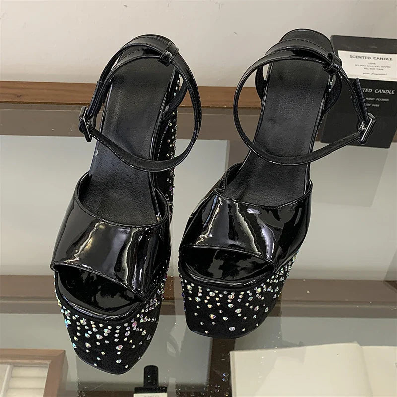 Street Style Crystal Diamond Open Toe Buckle Strap Sandals Ultra Chunky High Heel