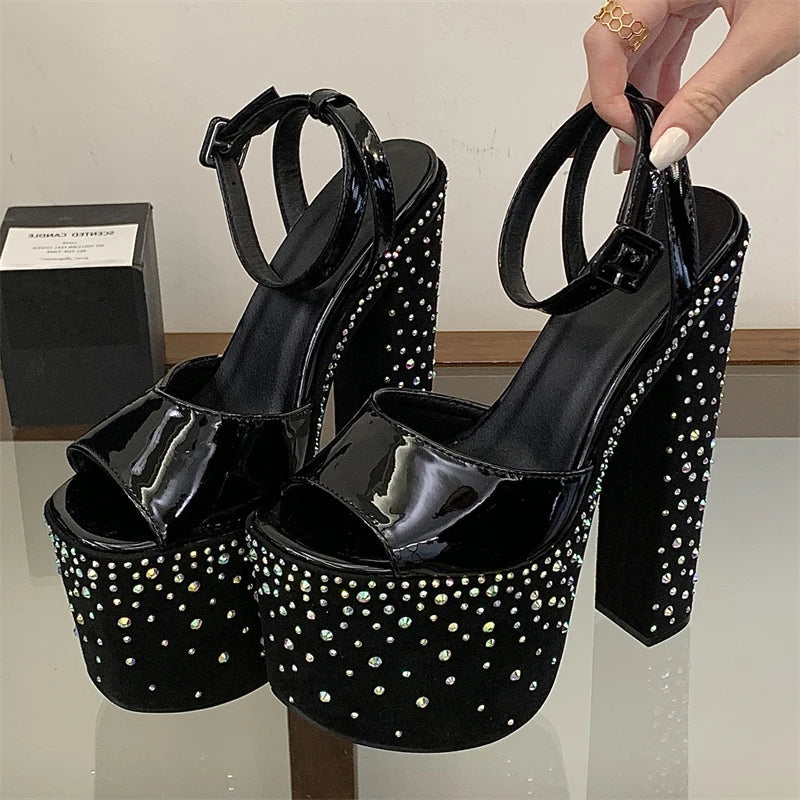 Street Style Crystal Diamond Open Toe Buckle Strap Sandals Ultra Chunky High Heel