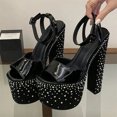 Street Style Crystal Diamond Open Toe Buckle Strap Sandals Ultra Chunky High Heel