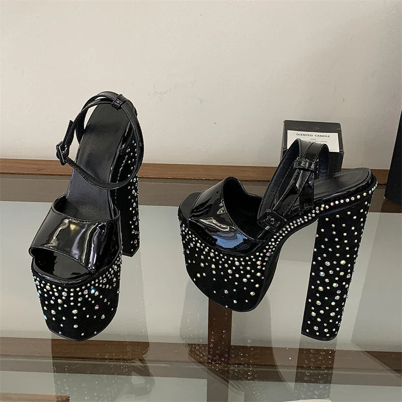 Street Style Crystal Diamond Open Toe Buckle Strap Sandals Ultra Chunky High Heel