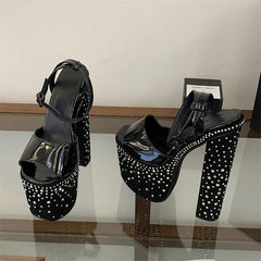 Street Style Crystal Diamond Open Toe Buckle Strap Sandals Ultra Chunky High Heel