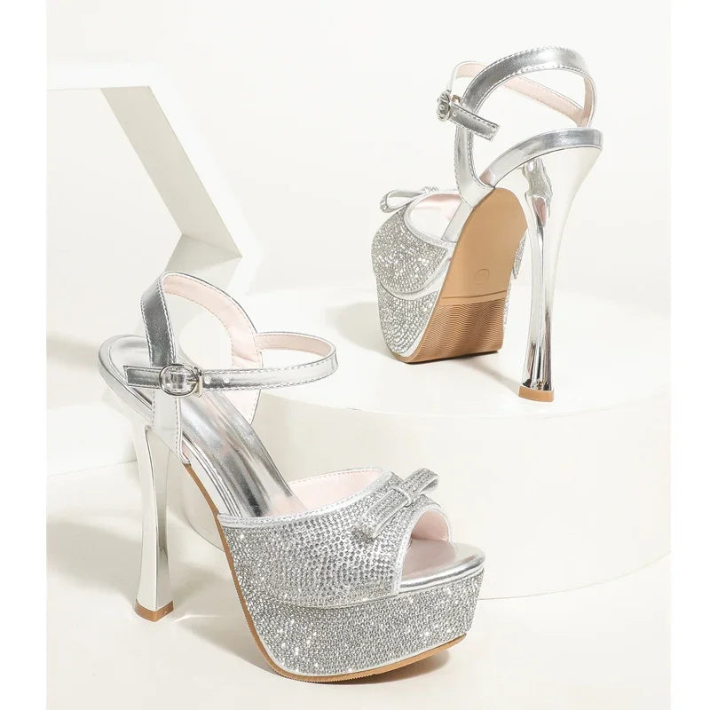 Street Style Crystal Peep Toe Sandals Stiletto High Heel