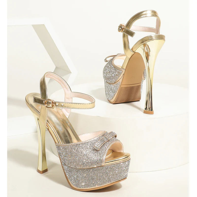 Street Style Crystal Peep Toe Sandals Stiletto High Heel