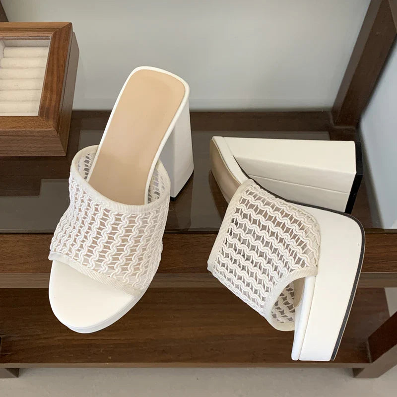 Street Style Open Toe Chunky Platform Slippers Hollow Out Square High Heel