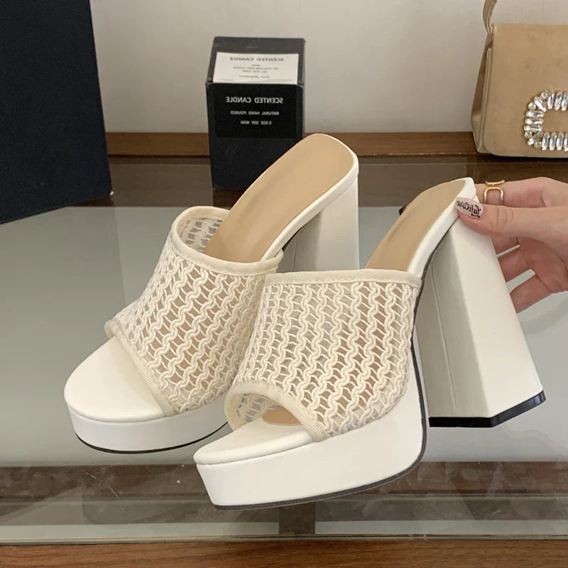 Street Style Open Toe Chunky Platform Slippers Hollow Out Square High Heel
