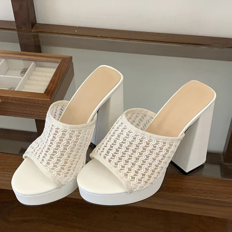 Street Style Open Toe Chunky Platform Slippers Hollow Out Square High Heel