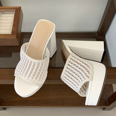 Street Style Open Toe Chunky Platform Slippers Hollow Out Square High Heel
