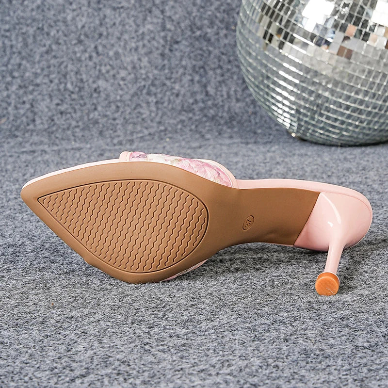 Street Style Pointed Toe Embroidery Breathable Mesh Slippers Thin High Heel
