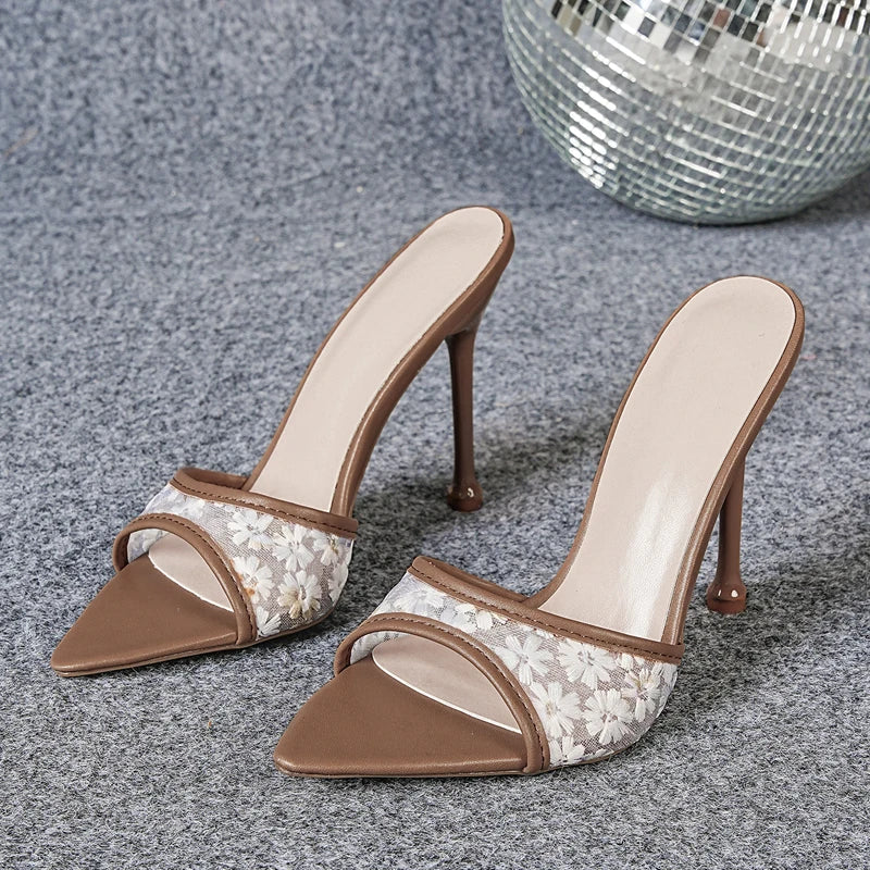 Street Style Pointed Toe Embroidery Breathable Mesh Slippers Thin High Heel