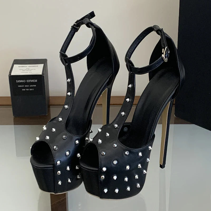 Buckle Strap Sandals Platform Pumps Design Rivet Stiletto High Heel
