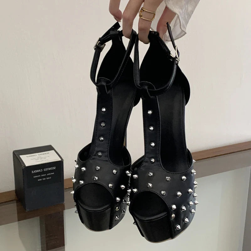 Buckle Strap Sandals Platform Pumps Design Rivet Stiletto High Heel