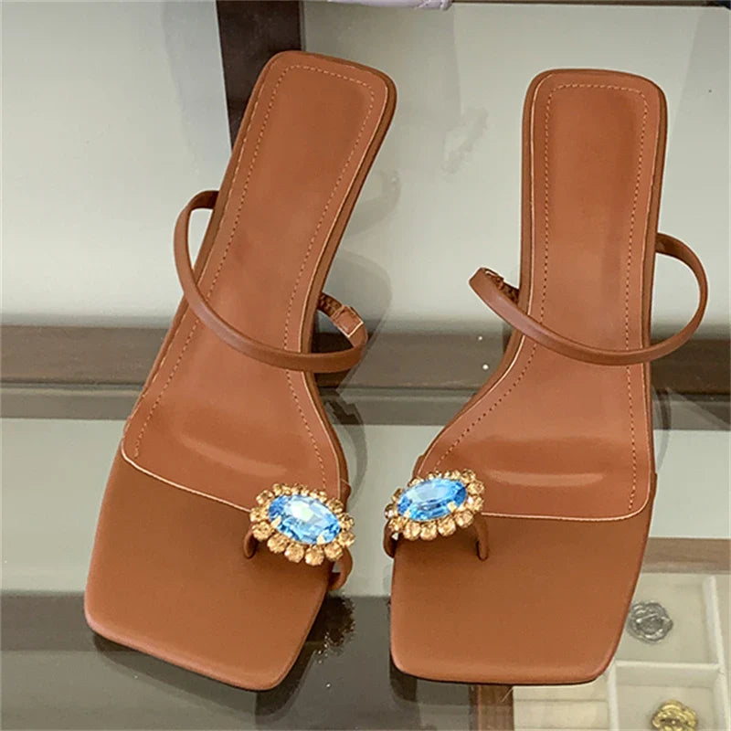 CRYSTAL Diamond Square Clip Toe Slippers Hollow Out Thin Low Heel