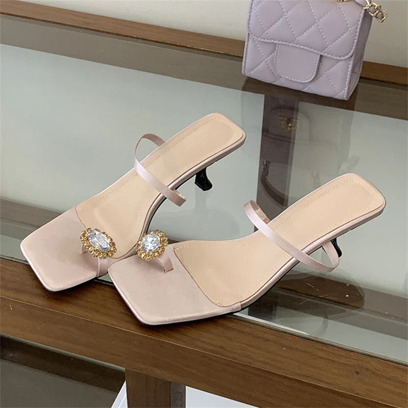 CRYSTAL Diamond Square Clip Toe Slippers Hollow Out Thin Low Heel