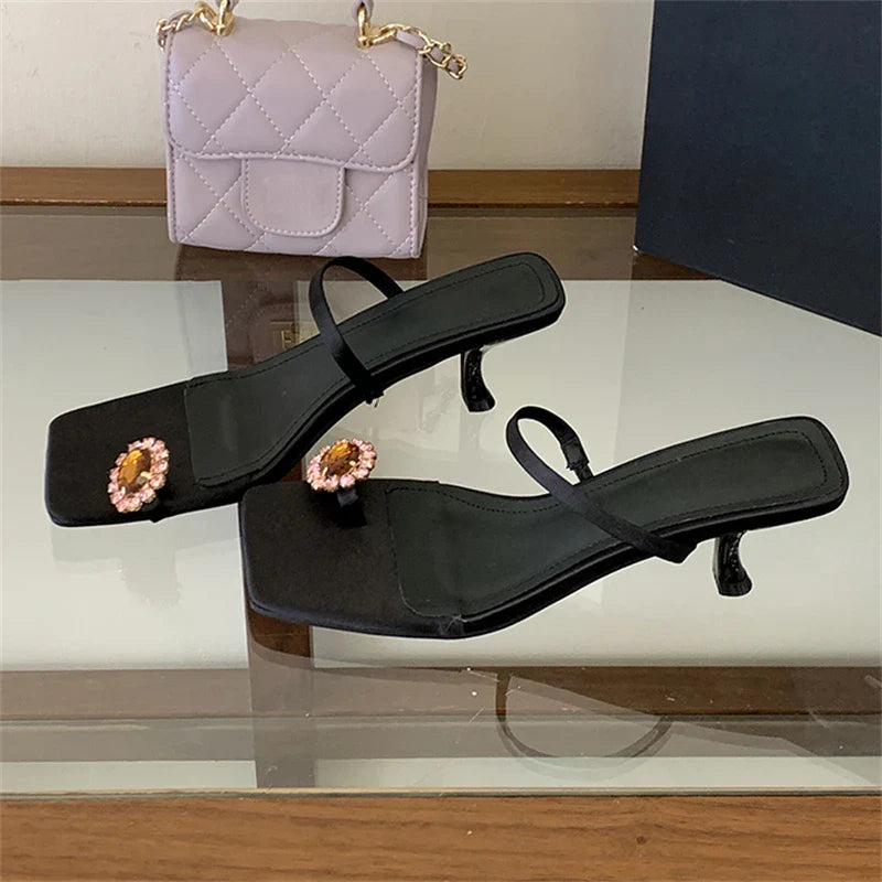 CRYSTAL Diamond Square Clip Toe Slippers Hollow Out Thin Low Heel