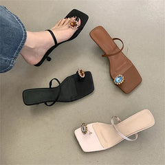 CRYSTAL Diamond Square Clip Toe Slippers Hollow Out Thin Low Heel