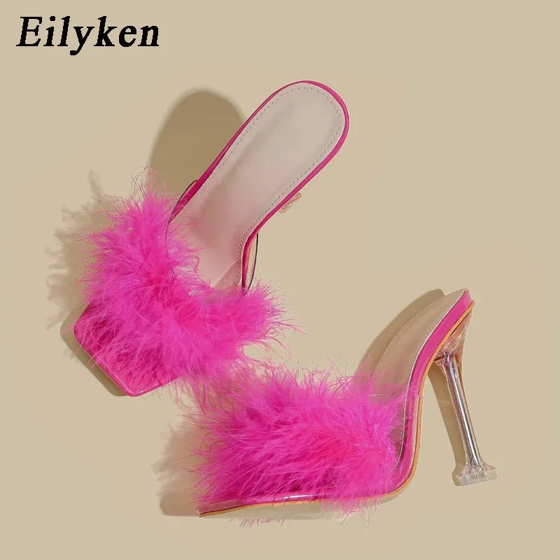 Design Feather Faux Fur Slippers Square Toe Clear Crystal High Heel