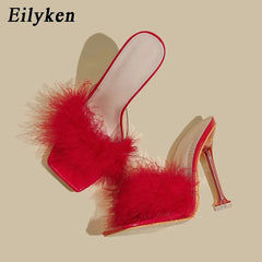 Design Feather Faux Fur Slippers Square Toe Clear Crystal High Heel