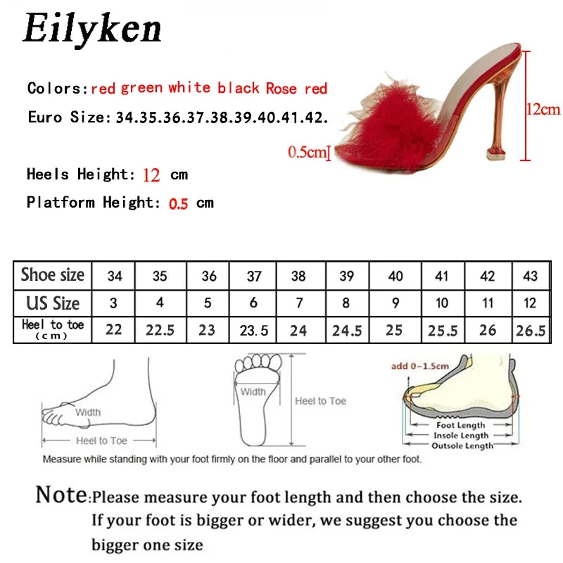 Design Feather Faux Fur Slippers Square Toe Clear Crystal High Heel