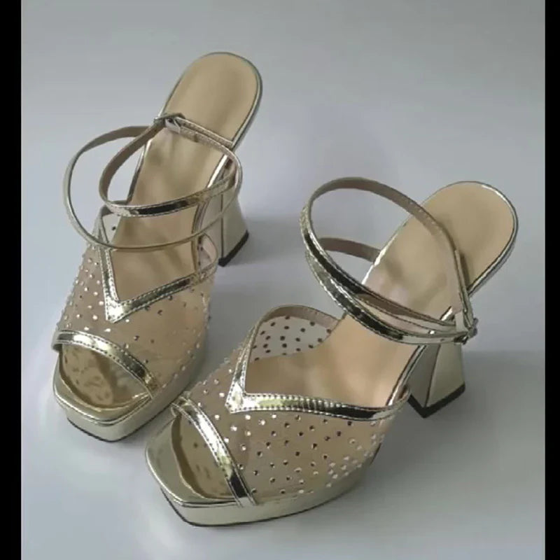 CRYSTAL Diamond Hollow Out Mesh Sandals Open Toe Buckle Strap Nightclub High Heel
