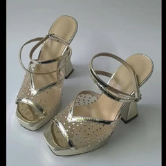 CRYSTAL Diamond Hollow Out Mesh Sandals Open Toe Buckle Strap Nightclub High Heel