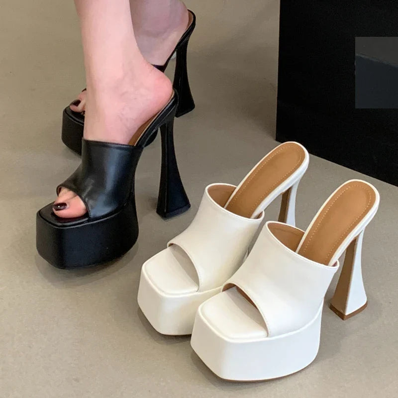 Chunky Platform Slippers Concise Open Toe Square High Heel