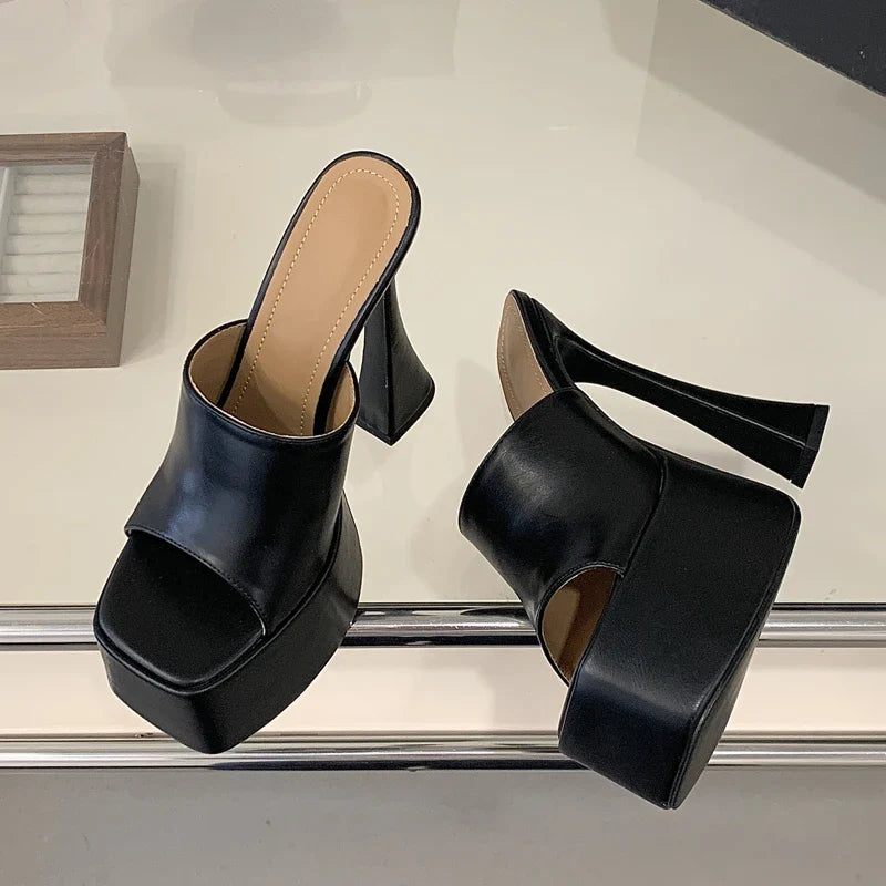 Chunky Platform Slippers Concise Open Toe Square High Heel