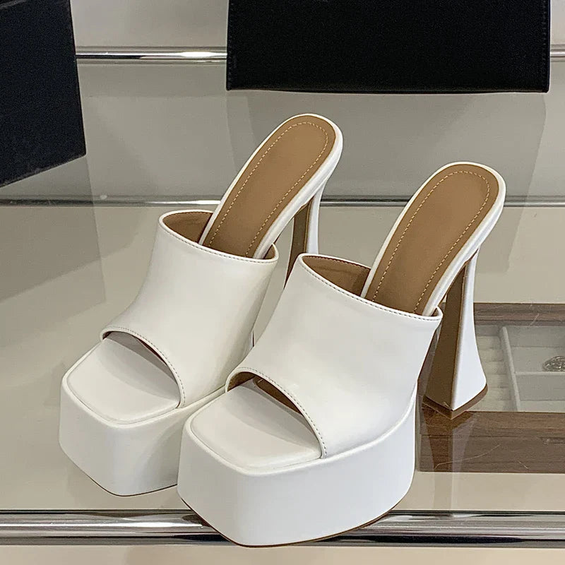 Chunky Platform Slippers Concise Open Toe Square High Heel