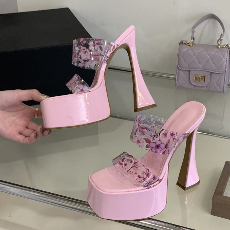 Flower PVC Transparent Square Toe Slippers Street High Heel