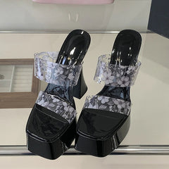 Flower PVC Transparent Square Toe Slippers Street High Heel