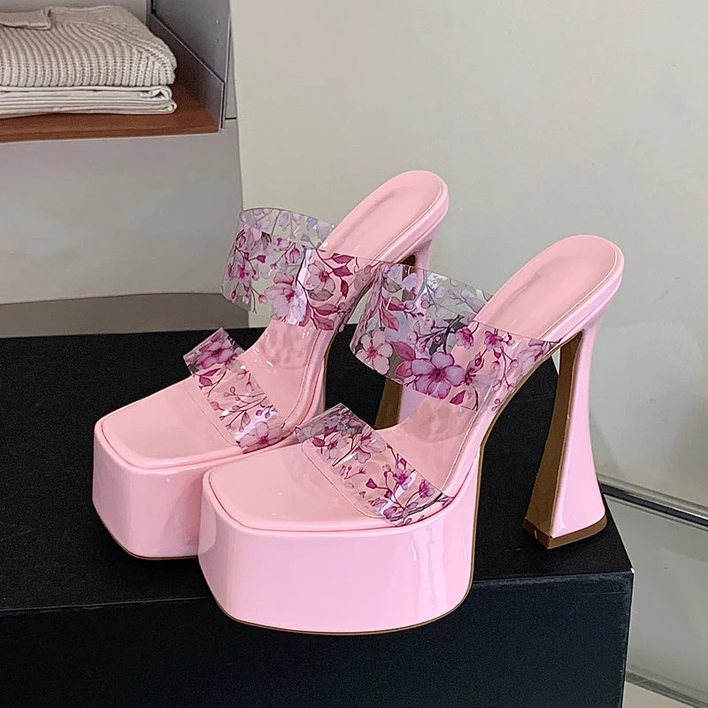Flower PVC Transparent Square Toe Slippers Street High Heel