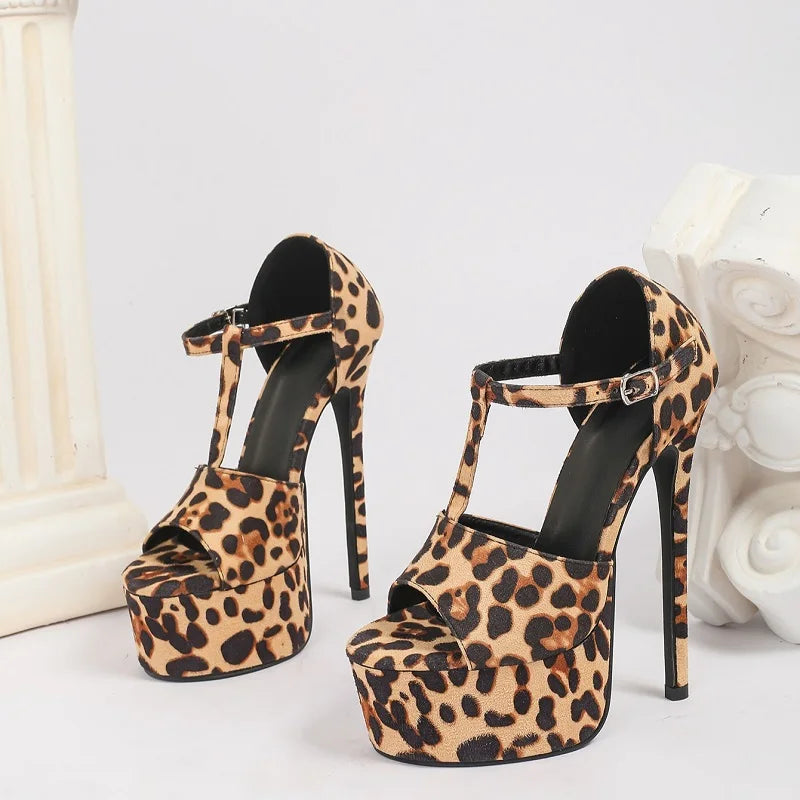 Leopard Print Buckle Strap Platform Sandals Ultra Stiletto High Heel