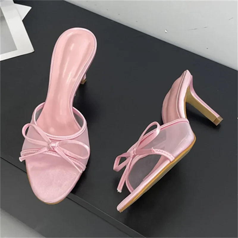 Open Toe Butterfly-knot Breathable Holes Mesh Slippers Thin High Heel