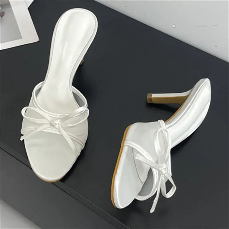 Open Toe Butterfly-knot Breathable Holes Mesh Slippers Thin High Heel