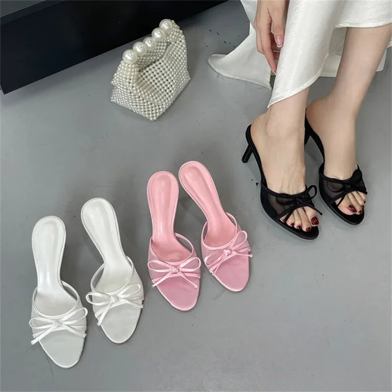 Open Toe Butterfly-knot Breathable Holes Mesh Slippers Thin High Heel