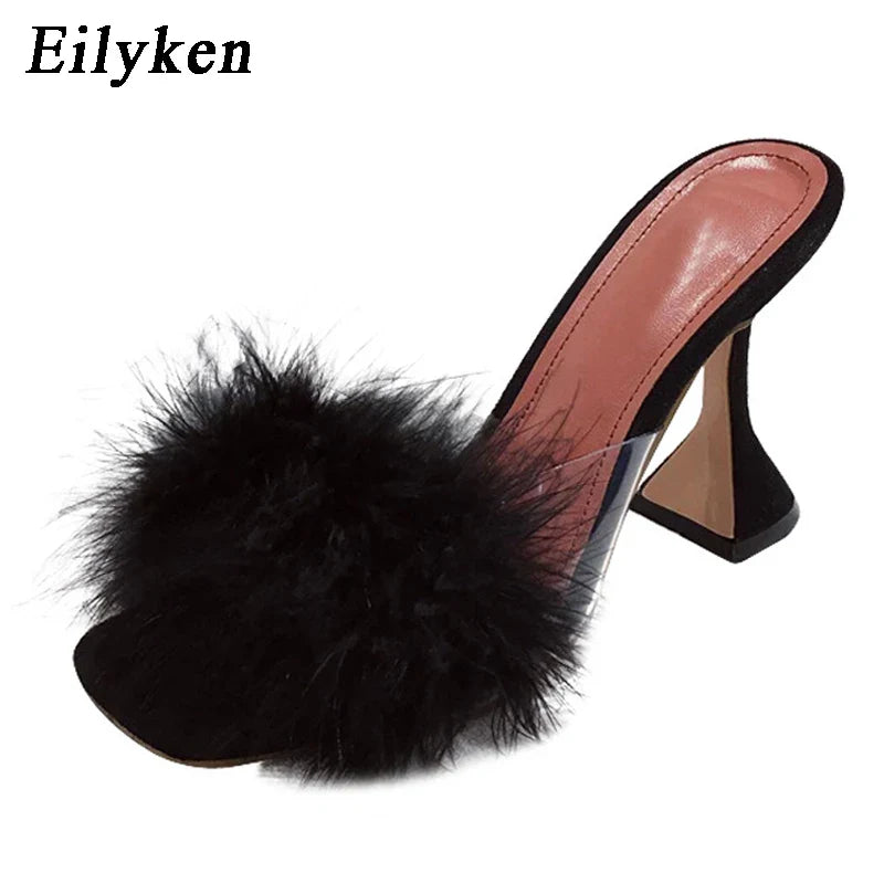 Peep Toe Slippers Feather PVC Transparent High Heel