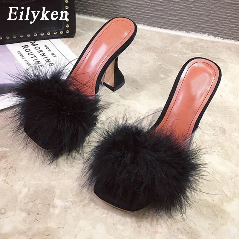 Peep Toe Slippers Feather PVC Transparent High Heel