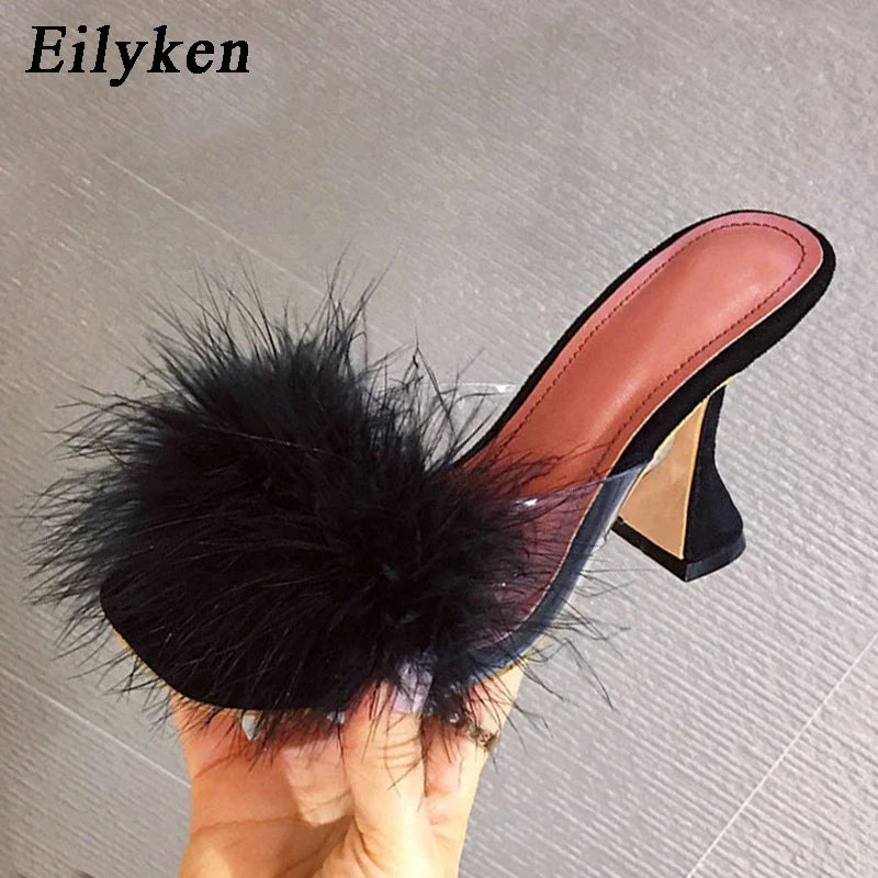 Peep Toe Slippers Feather PVC Transparent High Heel