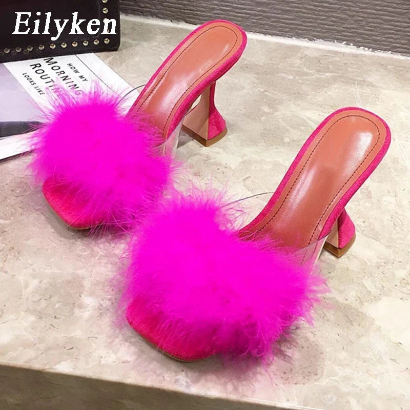 Peep Toe Slippers Feather PVC Transparent High Heel