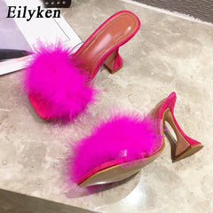 Peep Toe Slippers Feather PVC Transparent High Heel