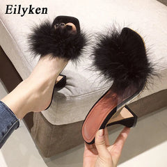 Peep Toe Slippers Feather PVC Transparent High Heel
