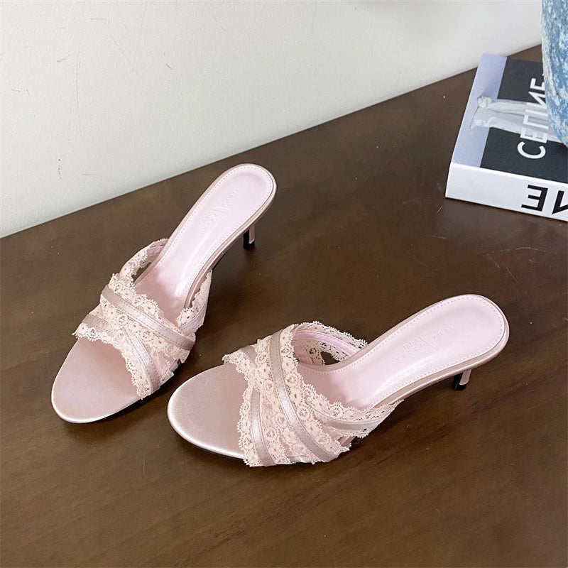 Satin Lace Narrow Band Slippers Elegant Thin Heel
