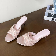 Satin Lace Narrow Band Slippers Elegant Thin Heel