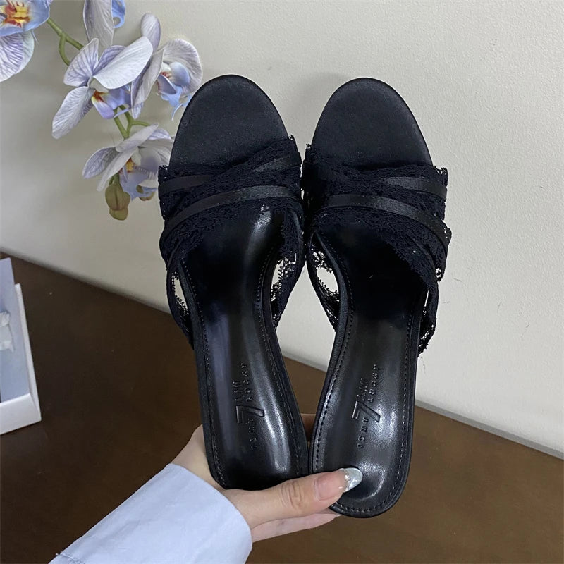 Satin Lace Narrow Band Slippers Elegant Thin Heel